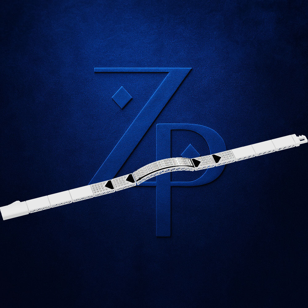 A close-up of a white textured strap or band with small black triangular accents, laid diagonally across a dark blue textured background with a large embossed stylized 'ZP' logo.
