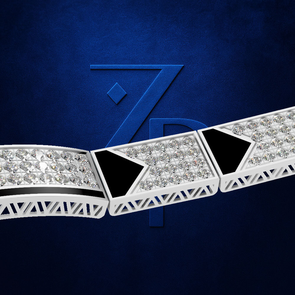 A close-up of a silver-toned bracelet featuring rows of clear pavé stones and bold black triangular inlays, set against a textured dark blue background with a large stylized blue 'ZP' logo.