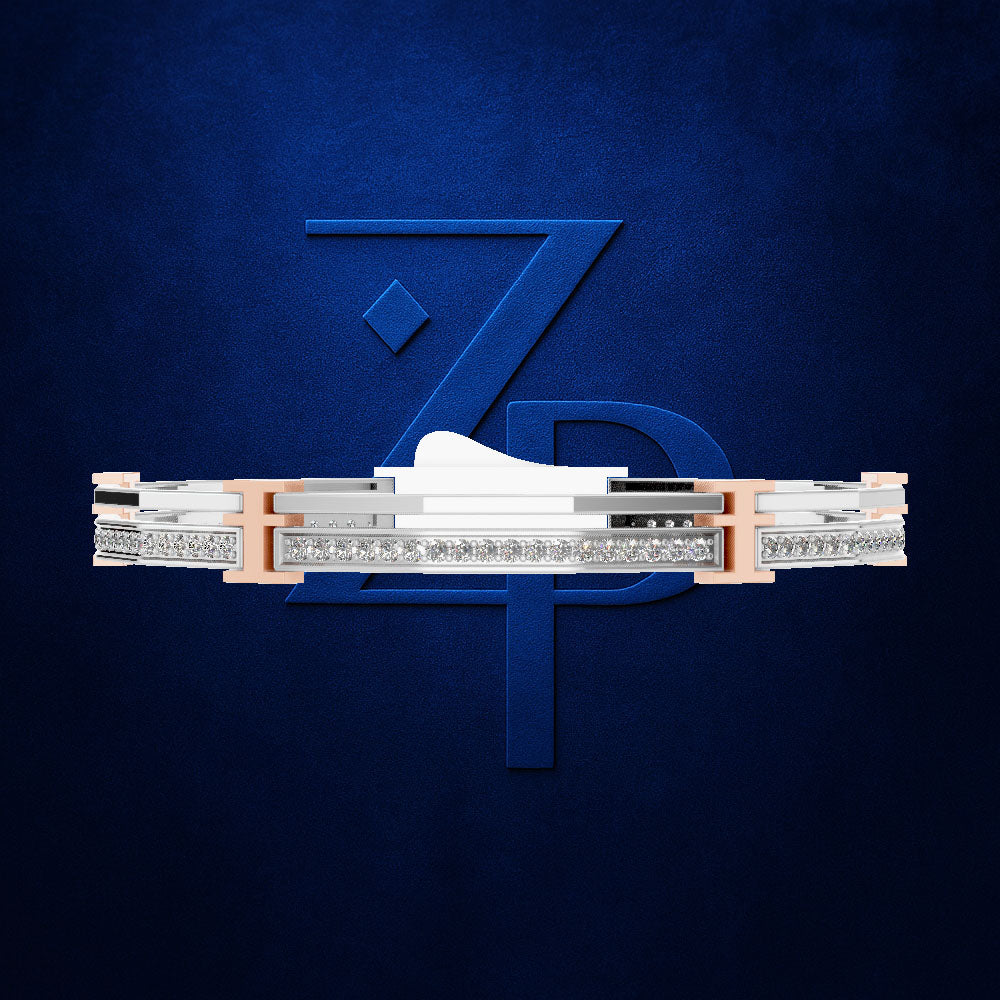 A high-end diamond ring with a white gold or platinum band, rose gold side accents, and a central white inlay, shown in a detailed cross-section view against a textured dark blue background with a stylized 'ZP' logo.