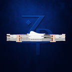 A high-end diamond ring with a white gold or platinum band, rose gold side accents, and a central white inlay, shown in a detailed cross-section view against a textured dark blue background with a stylized 'ZP' logo.