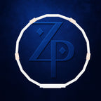 A circular white frame containing embossed stylized letters 'Z' and 'P' in dark blue, set against a textured dark blue background.