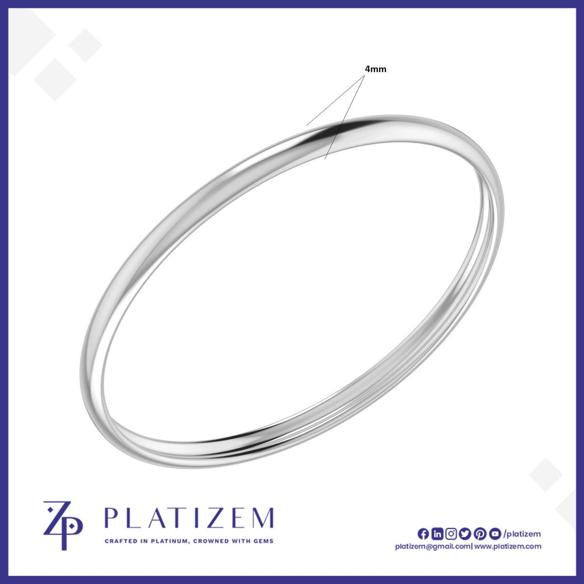 PT950 Platinum Bangle 4mm Minimalist Plain Platinum Bangle for Men and Women