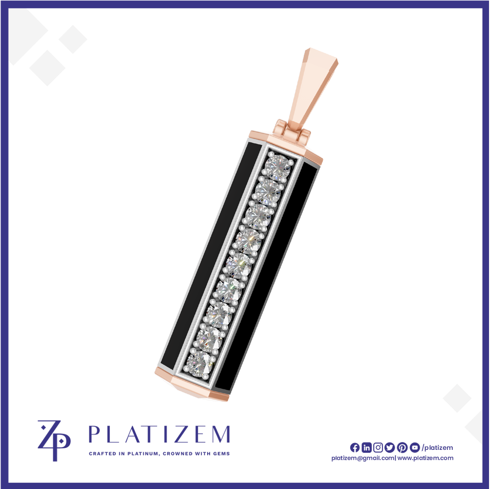 A rectangular pendant necklace featuring a black enamel center, a row of clear gemstones in silver-toned settings, and rose gold-toned borders and bail, shown on a white background with the Platizem brand logo at the bottom.