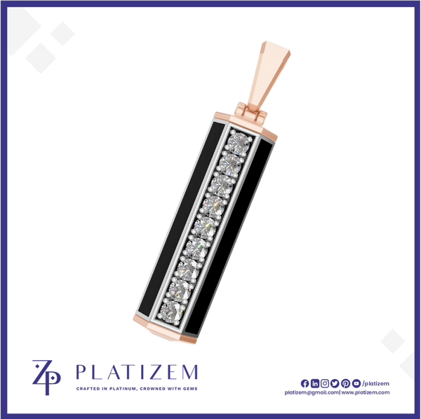A rectangular pendant necklace featuring a black enamel center, a row of clear gemstones in silver-toned settings, and rose gold-toned borders and bail, shown on a white background with the Platizem brand logo at the bottom.