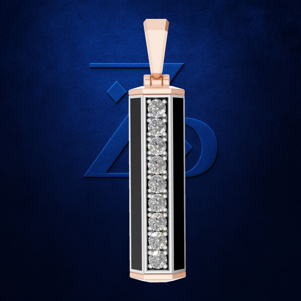 A vertical rectangular pendant necklace in rose gold with black inlay and a central row of clear gemstones, shown against a dark blue textured background with a faint geometric logo.