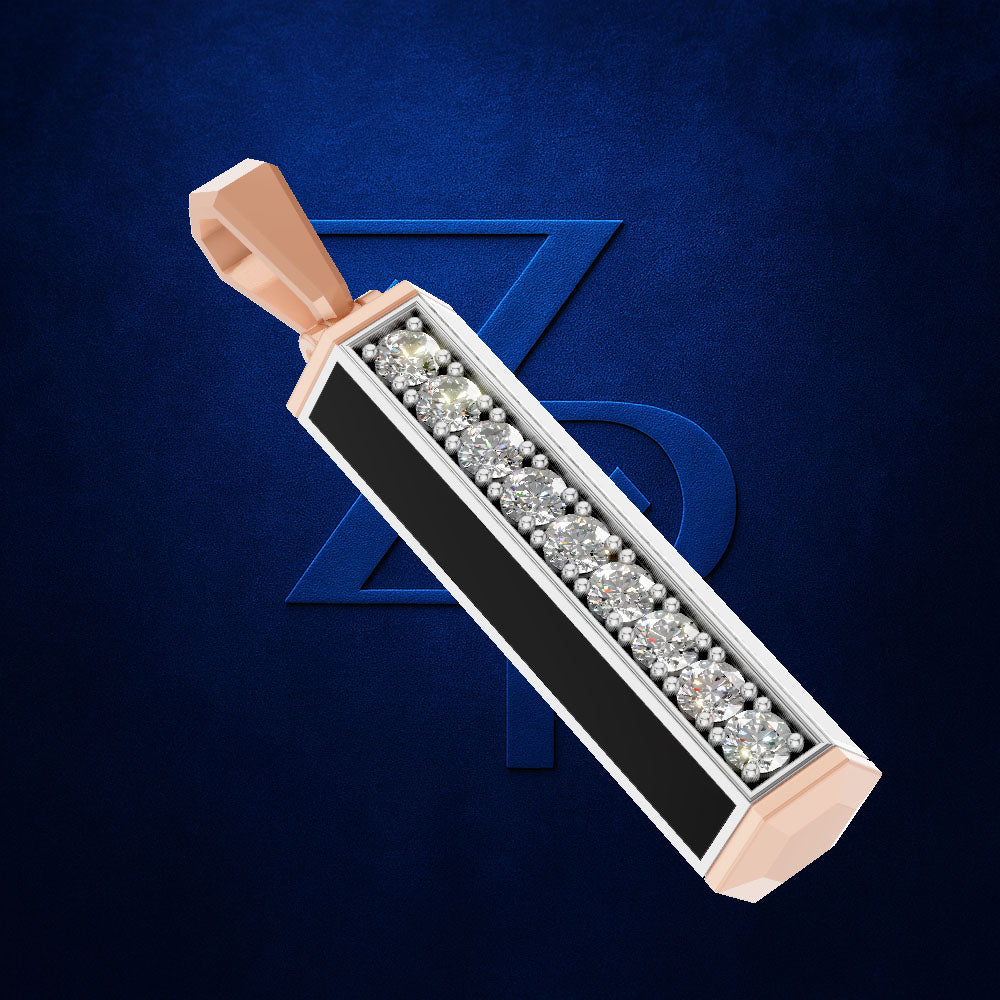 A rectangular pendant with a rose gold top and bottom and a black center panel, featuring a row of clear pavé-set gemstones along the front. The pendant is shown diagonally against a dark blue textured background with a stylized blue 'Z' logo behind it.