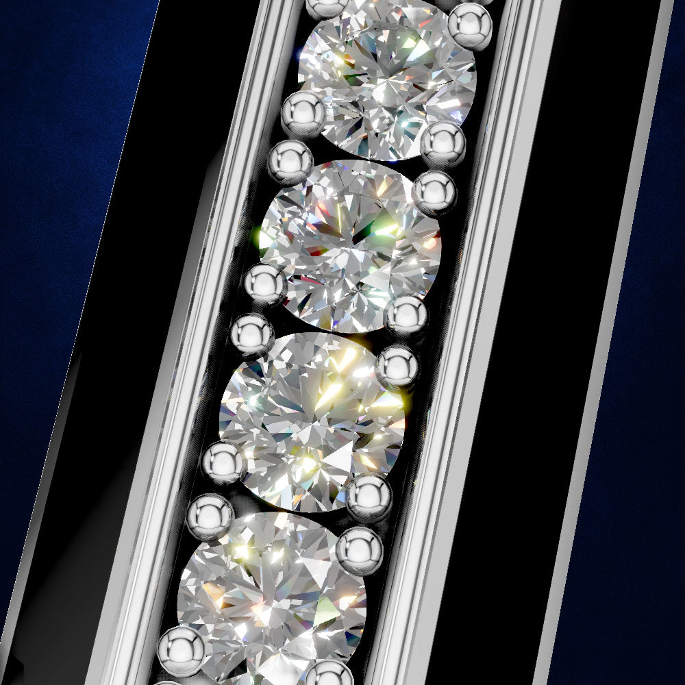 Close-up of a luxury jewelry piece featuring four round brilliant-cut diamonds set in a polished silver-toned metal bezel, set against a dark background with blue and black panels.