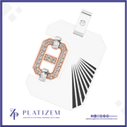 A white geometric pendant charm featuring a stylized letter 'H' outlined in rose gold and set with clear crystals, alongside black and white radiating stripes, shown on a white background with the brand name 'PLATIZEM' at the bottom.