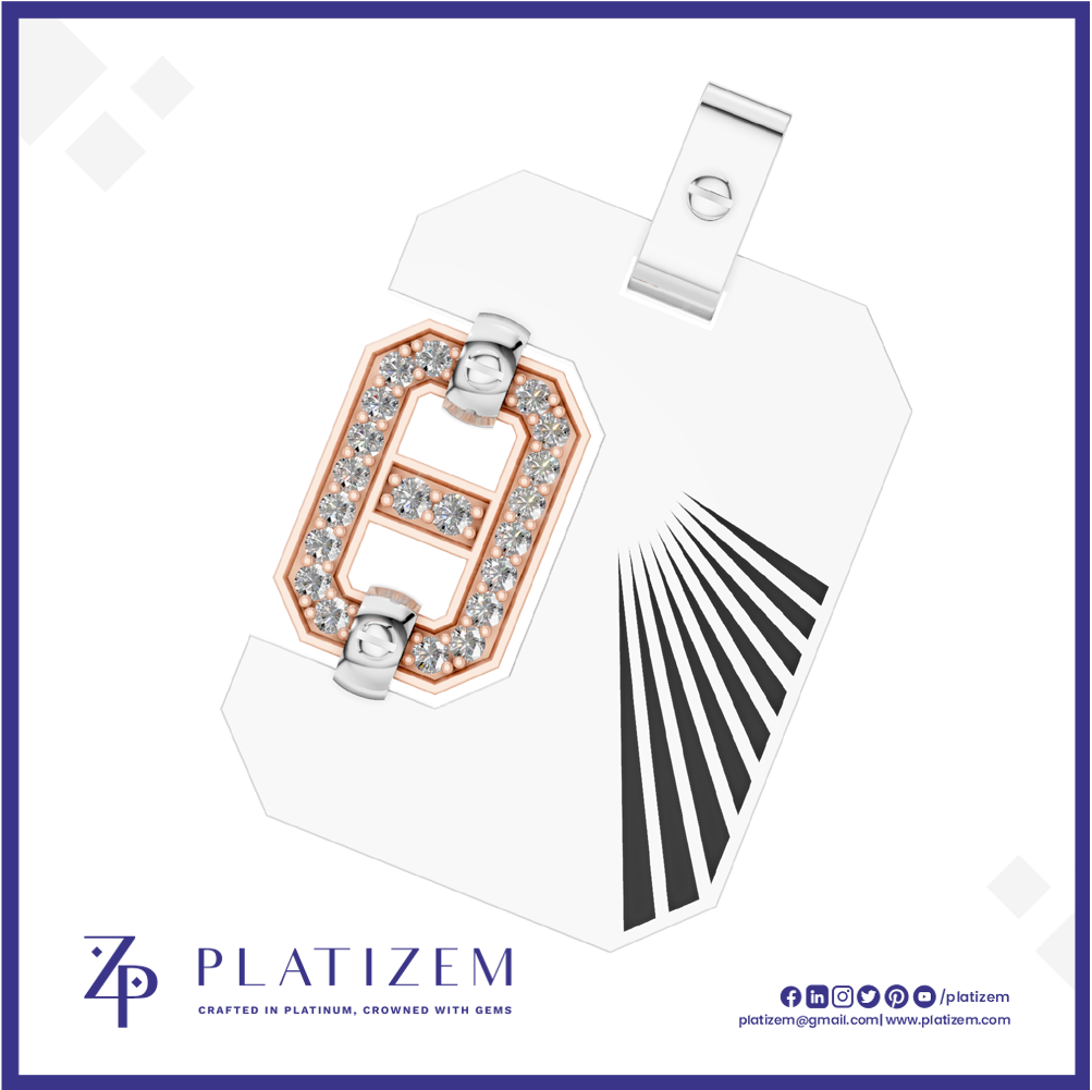 A white geometric pendant charm featuring a stylized letter 'H' outlined in rose gold and set with clear crystals, alongside black and white radiating stripes, shown on a white background with the brand name 'PLATIZEM' at the bottom.