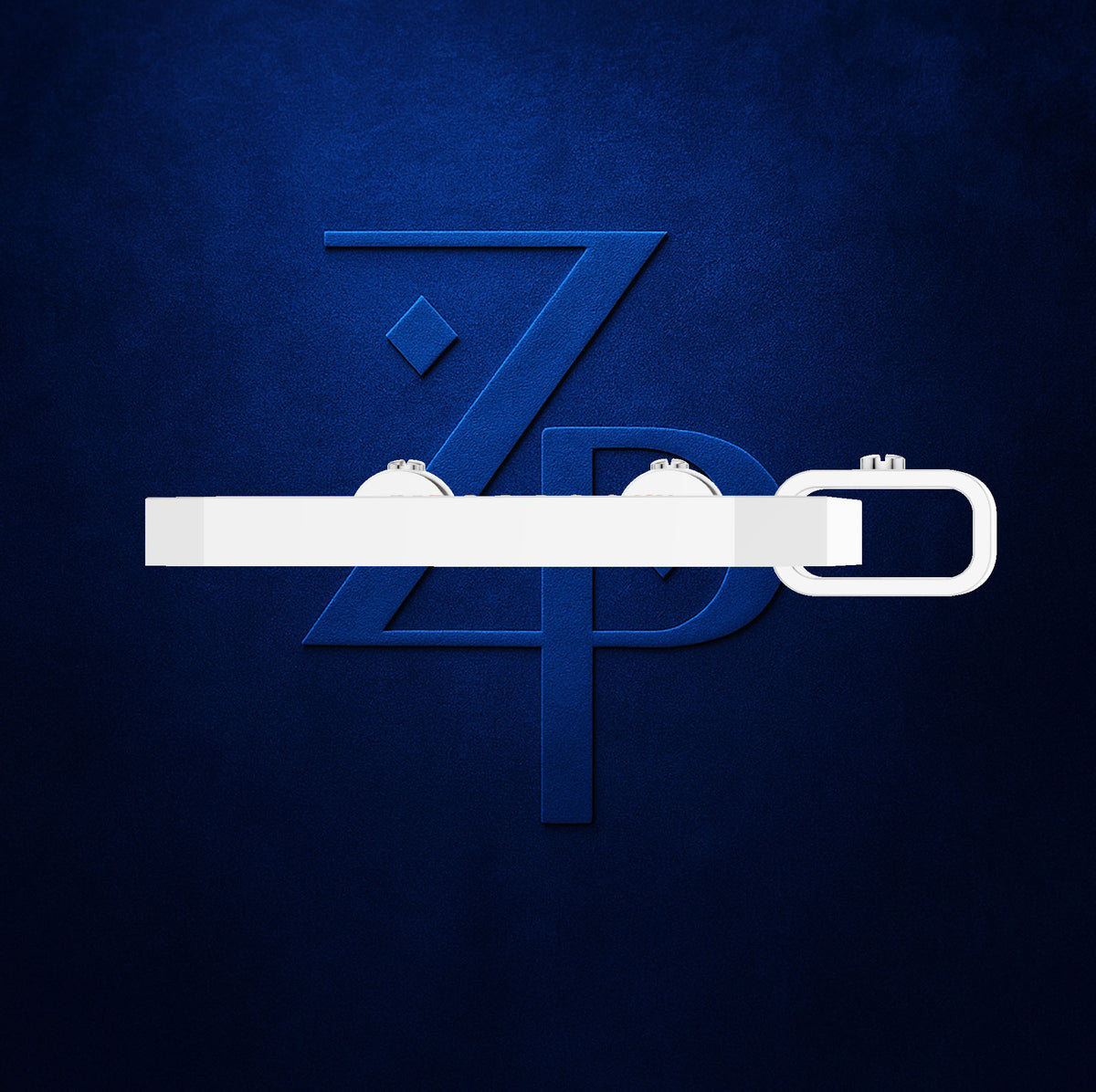 A white belt with silver-toned buckle and a matching white-and-silver branded buckle, shown against a dark blue textured background with a large embossed ZPD logo.