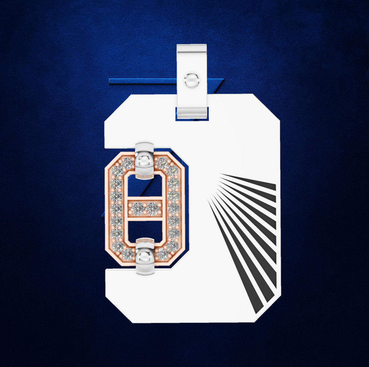 A white and navy blue pendant featuring a rose gold and diamond-set letter 'H' with a silver bail, shown on a textured dark blue background.