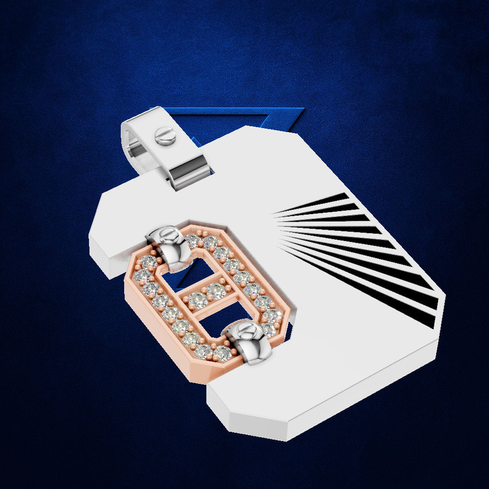 A luxury jewelry pendant featuring a large open H-shaped design, set with clear gemstones on a rose gold center and silver-toned metal, presented on a dark blue textured background.