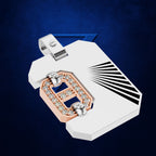 A luxury jewelry pendant featuring a large open H-shaped design, set with clear gemstones on a rose gold center and silver-toned metal, presented on a dark blue textured background.