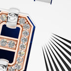Close-up of a luxury jewelry piece featuring a large letter H design, set with rose gold, clear diamonds, and small pearls on a white background with graphic black and white stripes.