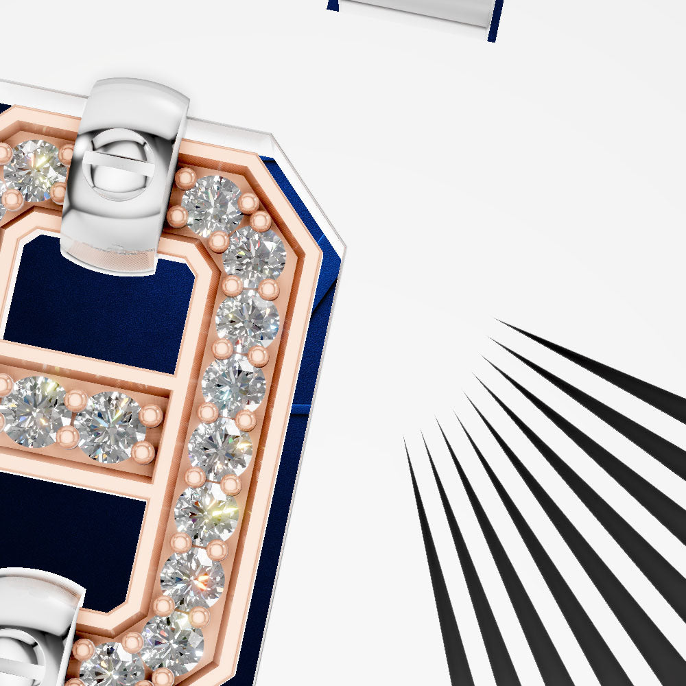 Close-up of a luxury jewelry piece featuring a large letter H design, set with rose gold, clear diamonds, and small pearls on a white background with graphic black and white stripes.