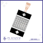 A rectangular pendant necklace from the brand PLATIZEM, featuring a central pavé diamond section bordered by black inlay and silver-toned metal. The pendant is suspended from a rose gold clasp, shown against a white background with a purple border and brand logo at the bottom.
