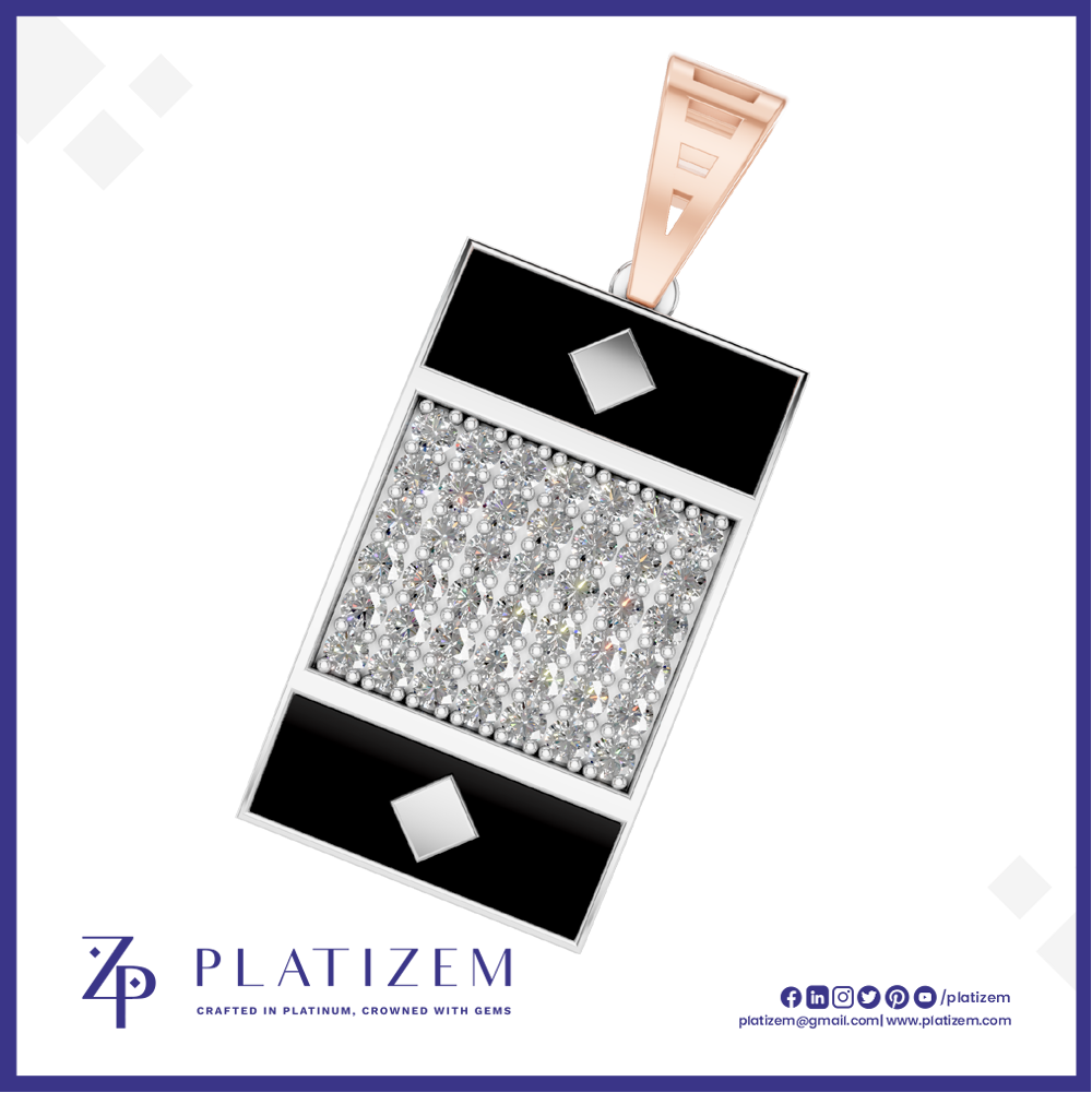 A rectangular pendant necklace from the brand PLATIZEM, featuring a central pavé diamond section bordered by black inlay and silver-toned metal. The pendant is suspended from a rose gold clasp, shown against a white background with a purple border and brand logo at the bottom.