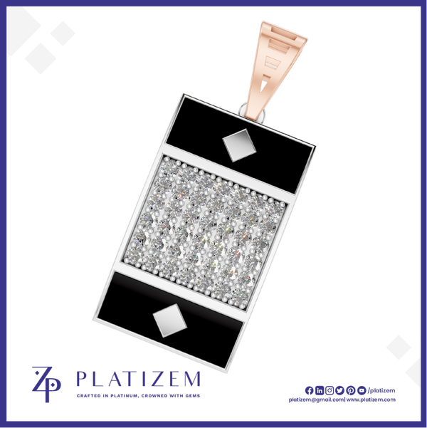 A rectangular pendant necklace from the brand PLATIZEM, featuring a central pavé diamond section bordered by black inlay and silver-toned metal. The pendant is suspended from a rose gold clasp, shown against a white background with a purple border and brand logo at the bottom.