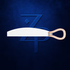 A modern kitchen knife with a wide, curved white blade and a light peach-colored loop handle, presented horizontally against a dark textured blue background with a stylized blue 'ZP' monogram.
