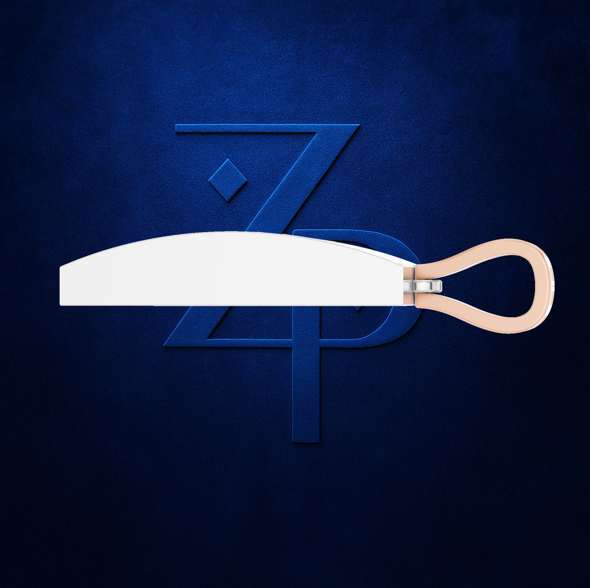 A modern kitchen knife with a wide, curved white blade and a light peach-colored loop handle, presented horizontally against a dark textured blue background with a stylized blue 'ZP' monogram.