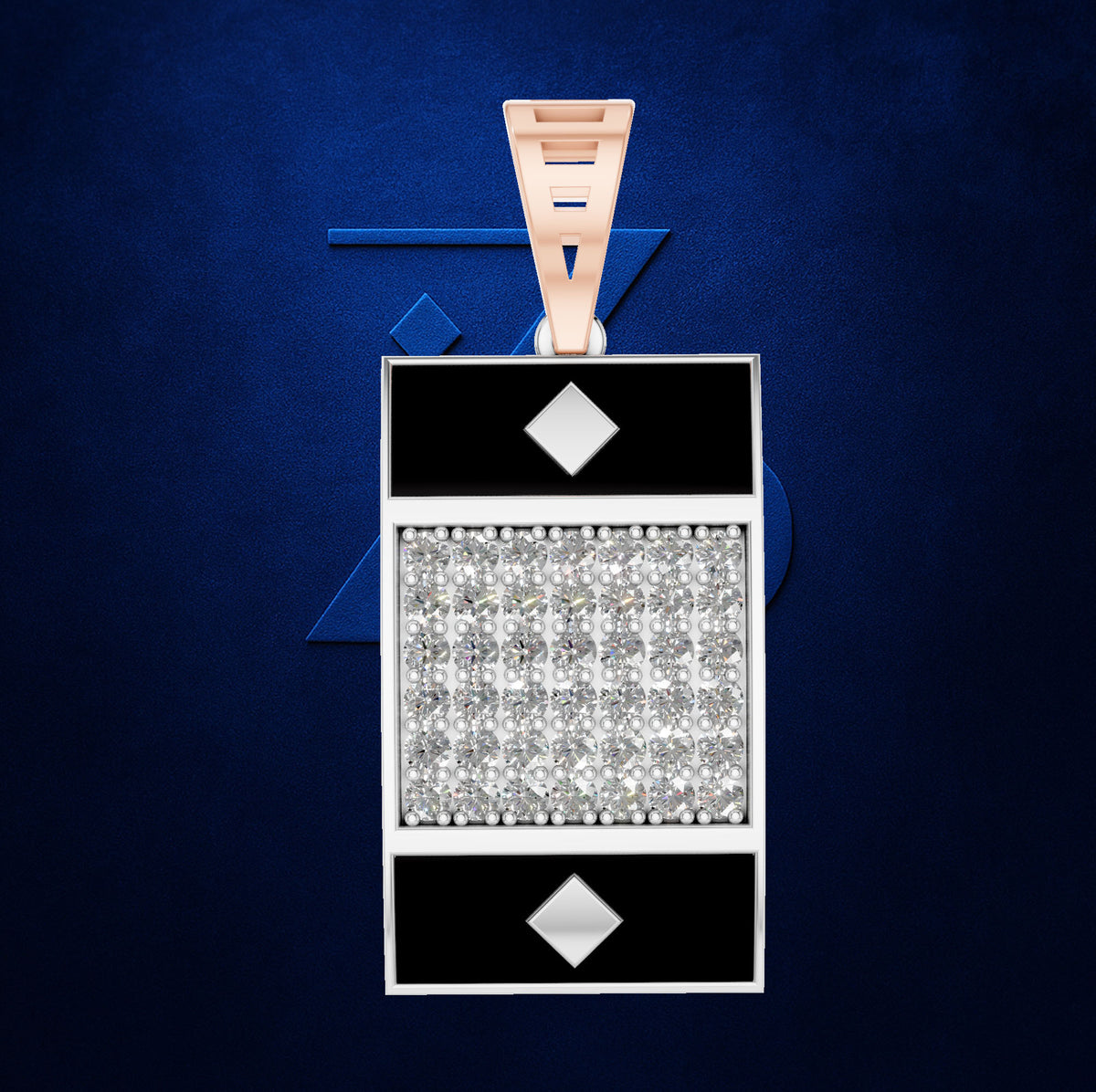 A rectangular pendant necklace featuring a central grid of clear pavé diamonds, bordered by black enamel sections with diamond-shaped silver accents, and a rose gold bail at the top, set against a textured dark blue background.