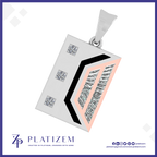 A rectangular silver pendant with a bail, featuring a black chevron design, a peach-colored inner panel with rows of clear stones, and three small square clear stones on the left side. The brand name 'PLATIZEM' is visible at the bottom of the image.