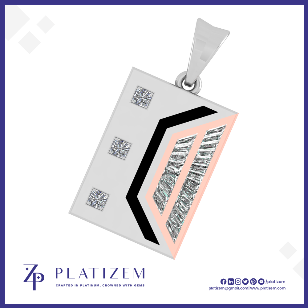 A rectangular silver pendant with a bail, featuring a black chevron design, a peach-colored inner panel with rows of clear stones, and three small square clear stones on the left side. The brand name 'PLATIZEM' is visible at the bottom of the image.