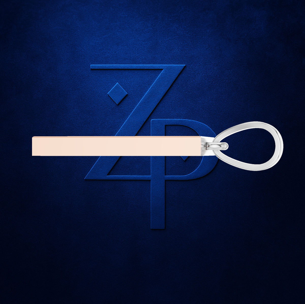 A pale blush pink leather strap with a silver metal ring and a matching blue embossed ZPD logo in the background.