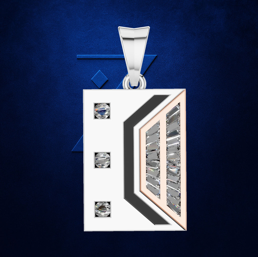 A rectangular pendant necklace with a white face, featuring three inset square clear stones on the left side and a geometric openwork design on the right side with silver-toned and rose gold-toned metalwork. The pendant is suspended from a silver-toned bail, set against a textured dark blue background.