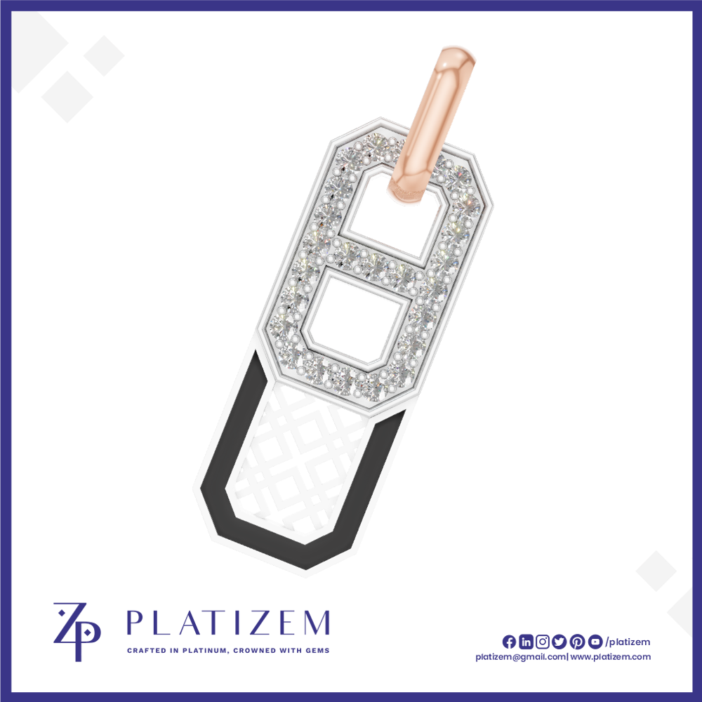 A platinum pendant shaped like the letter 'H', featuring a rose gold top loop, a silver and diamond-encrusted border, and a black lower section with a geometric pattern. The brand name 'PLATIZEM' is visible at the bottom.
