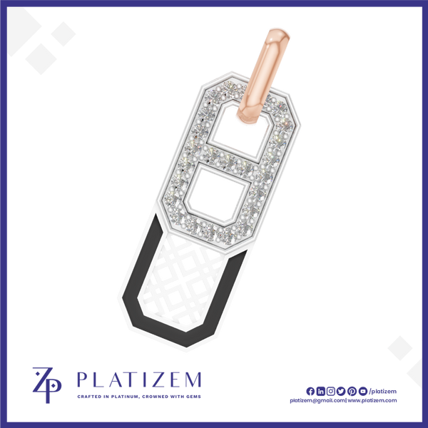 A platinum pendant shaped like the letter 'H', featuring a rose gold top loop, a silver and diamond-encrusted border, and a black lower section with a geometric pattern. The brand name 'PLATIZEM' is visible at the bottom.