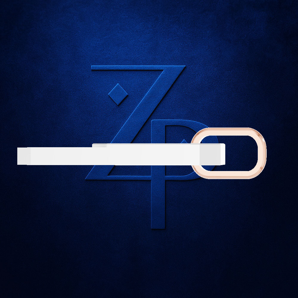 A white rectangular belt with a rose gold-toned oval buckle, shown against a dark textured blue background with a stylized embossed 'ZP' logo.