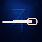A white rectangular belt with a rose gold-toned oval buckle, shown against a dark textured blue background with a stylized embossed 'ZP' logo.