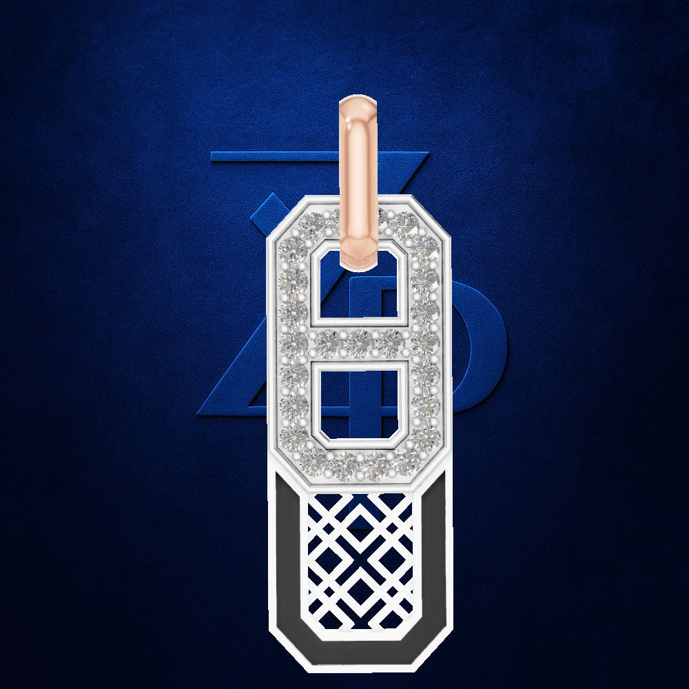A luxury jewelry pendant featuring a white gold or platinum frame set with pavé diamonds, a rose gold bail, and a geometric cutout lower section, presented against a textured dark blue background.