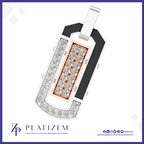A custom-designed rectangular pendant with a silver-toned outer frame, a black inlay section, and a rose gold center panel set with clear gemstones. The brand logo 'PLATIZEM' is visible at the bottom of the image.