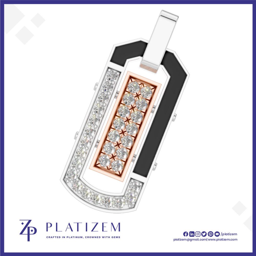 A custom-designed rectangular pendant with a silver-toned outer frame, a black inlay section, and a rose gold center panel set with clear gemstones. The brand logo 'PLATIZEM' is visible at the bottom of the image.