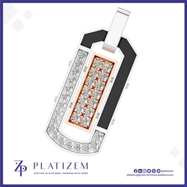 A custom-designed rectangular pendant with a silver-toned outer frame, a black inlay section, and a rose gold center panel set with clear gemstones. The brand logo 'PLATIZEM' is visible at the bottom of the image.