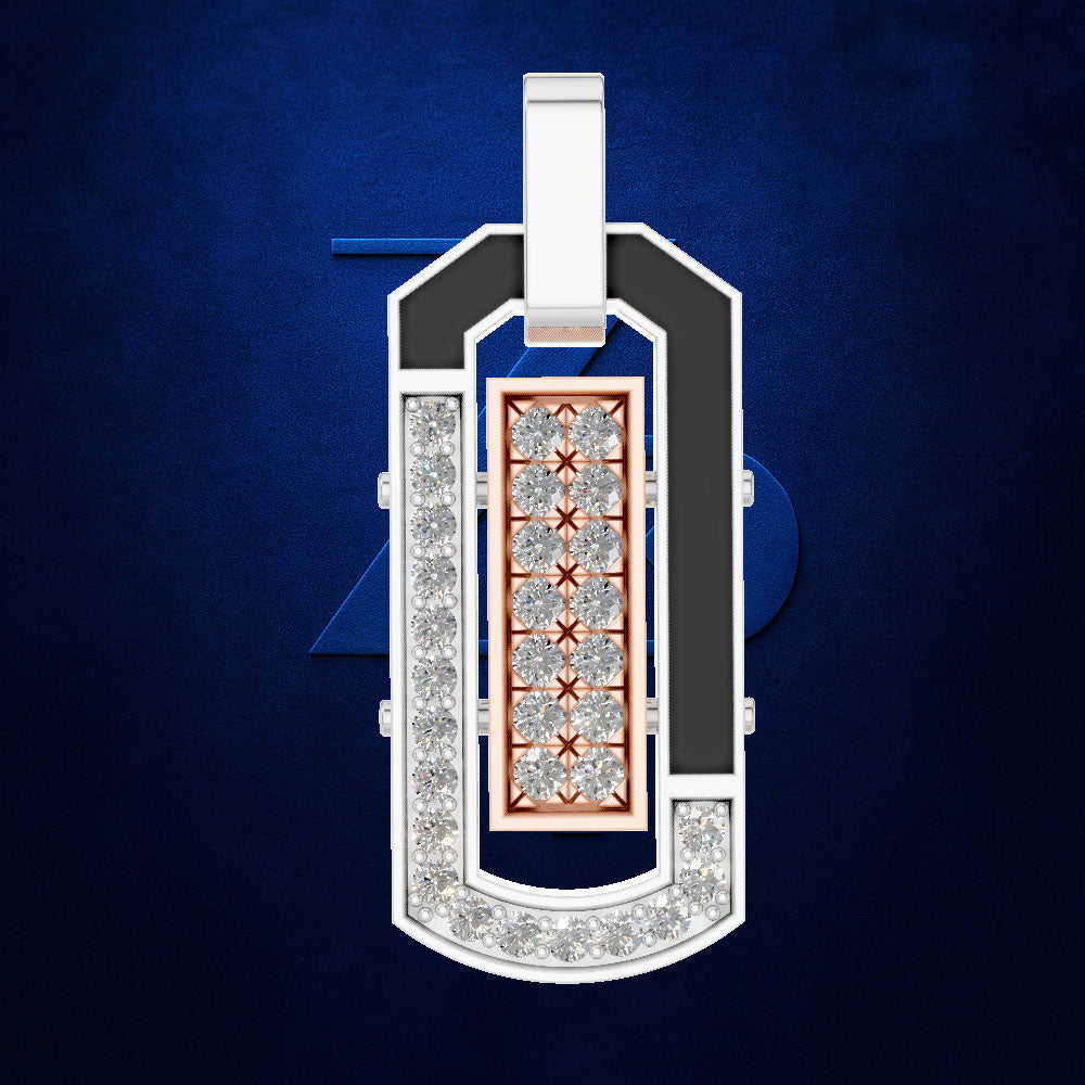 A luxury pendant necklace featuring a white gold or platinum frame set with clear diamonds, a central rose gold rectangular panel with diamond-cut stones, and a white bail, shown against a textured dark blue background.