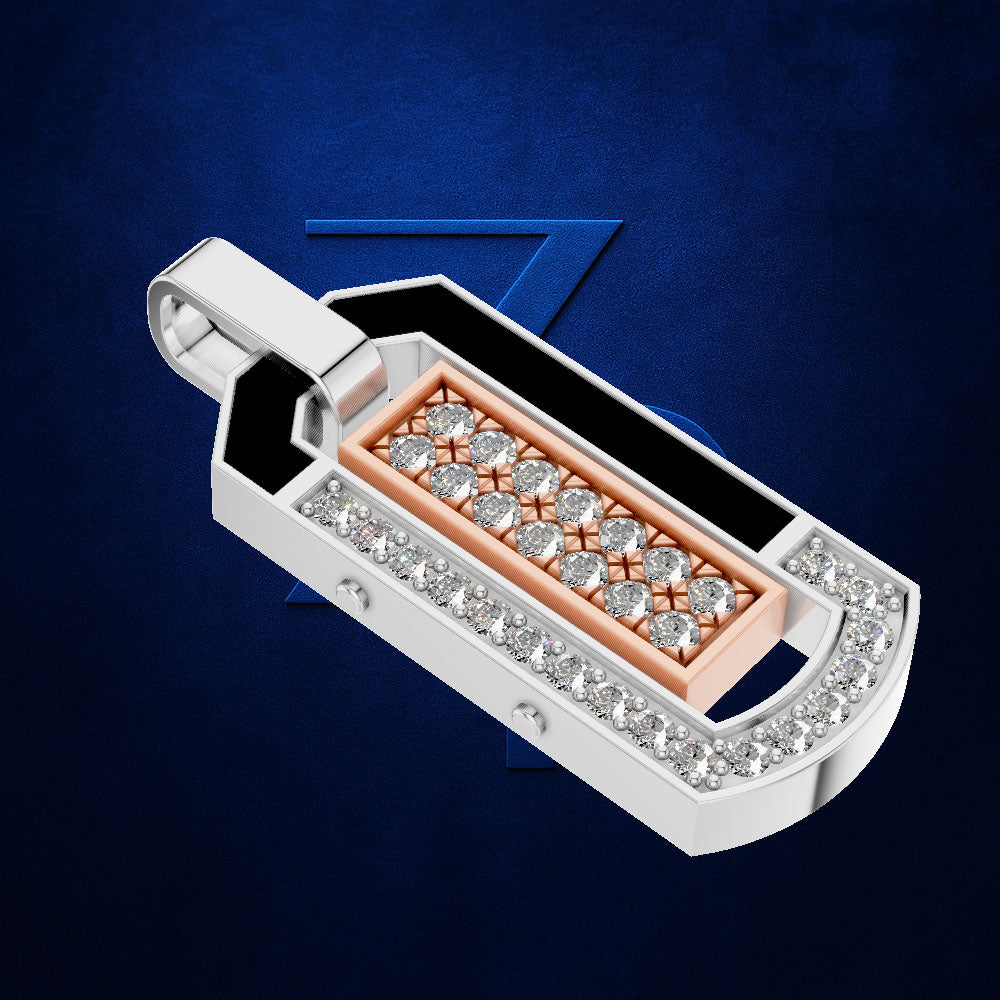 A rectangular pendant or charm with a white outer frame, clear gemstones around the edges, and a central rose-gold-toned panel set with multiple clear stones, shown on a dark blue textured background.