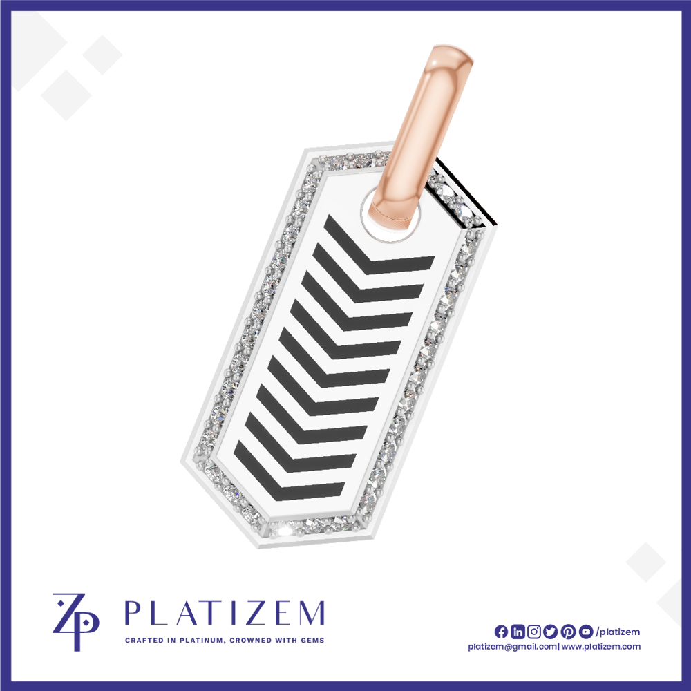 A rectangular pendant charm with a rose gold top loop, featuring a white center with a black chevron pattern and a border of clear rhinestones, shown on a white background with the brand name PLATIZEM at the bottom.
