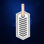 A military-style chevron tab pendant featuring a white face with black chevron stripes, a rose gold top loop, and a border of clear stones, set against a textured dark blue background.