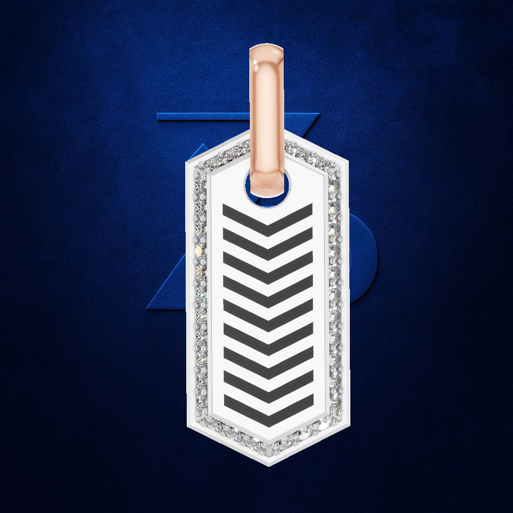 A military-style chevron tab pendant featuring a white face with black chevron stripes, a rose gold top loop, and a border of clear stones, set against a textured dark blue background.