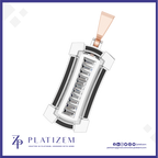 A 3D digital rendering of a rectangular pendant with a rose gold bail, featuring a central channel of round-cut clear gemstones in a silver-toned setting, surrounded by white and black geometric accents. The brand logo 'PLATIZEM' is visible at the bottom left.
