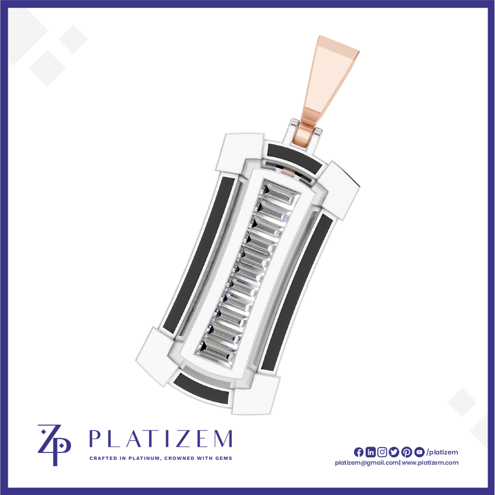 A 3D digital rendering of a rectangular pendant with a rose gold bail, featuring a central channel of round-cut clear gemstones in a silver-toned setting, surrounded by white and black geometric accents. The brand logo 'PLATIZEM' is visible at the bottom left.