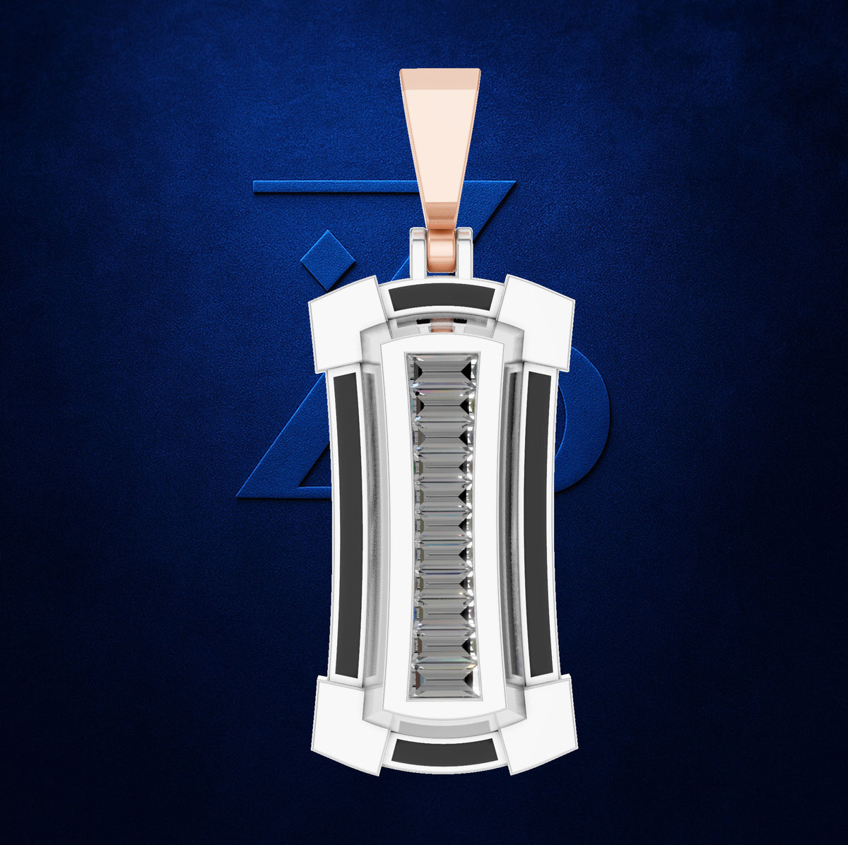 A modern rectangular pendant with a white outer frame, a silver-toned central bar, dark gray inner accents, and a rose gold top bail, shown against a textured dark blue background with a subtle geometric logo.