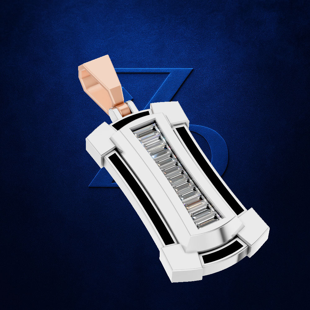 A white and silver mechanical keychain or pendant with a rose gold pull tab, shown against a dark blue textured background with a subtle blue 'Z' logo.