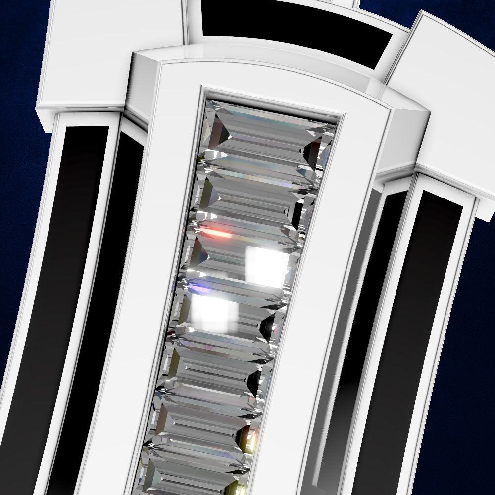 A close-up of a modern chandelier light fixture with a white frame and a central column of clear rectangular faceted glass or crystal prisms, shown against a dark navy background.