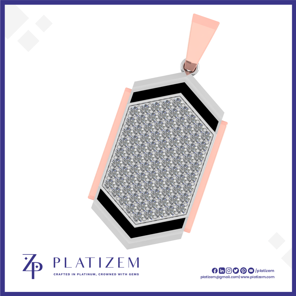An octagonal pendant necklace featuring a silver-toned pavé diamond center, bordered by black inlay and rose gold-toned side panels, with a matching rose gold bail. The brand logo 'PLATIZEM' is visible at the bottom.