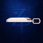 A modern, slim white and rose gold keychain device with a hexagonal loop, positioned horizontally in front of a stylized blue 'ZPD' logo on a dark textured blue background.
