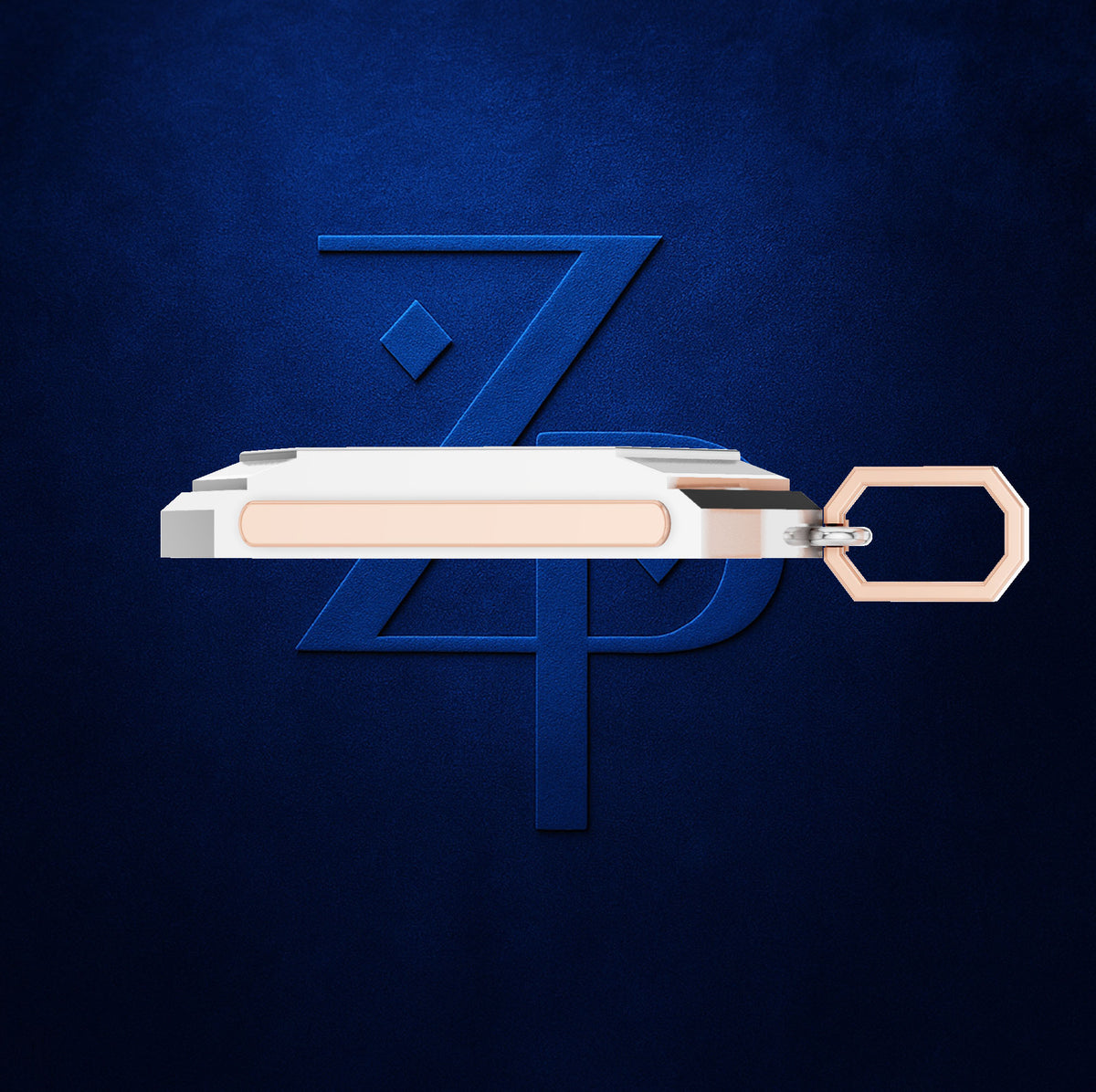 A modern, slim white and rose gold keychain device with a hexagonal loop, positioned horizontally in front of a stylized blue 'ZPD' logo on a dark textured blue background.